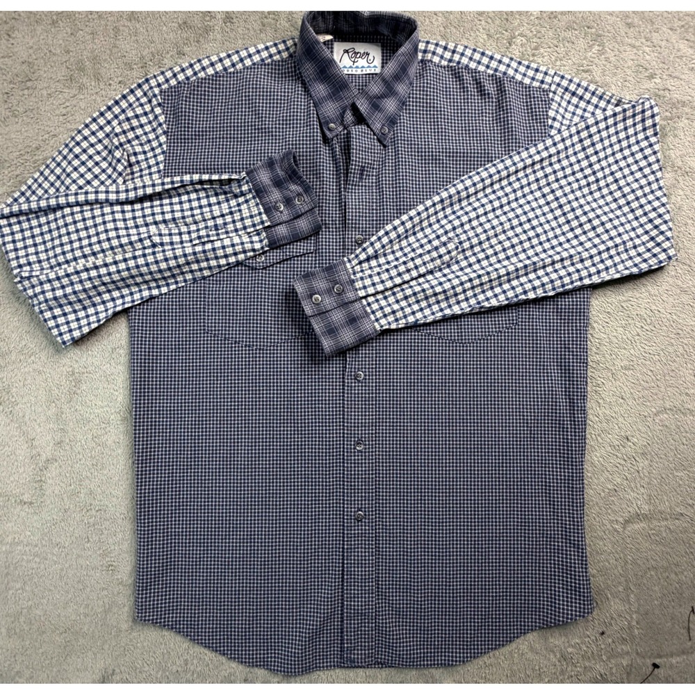 Roper Rodeo Blue Mens Medium Western Mixed Plaid Gingham Button Down Shirt Blue